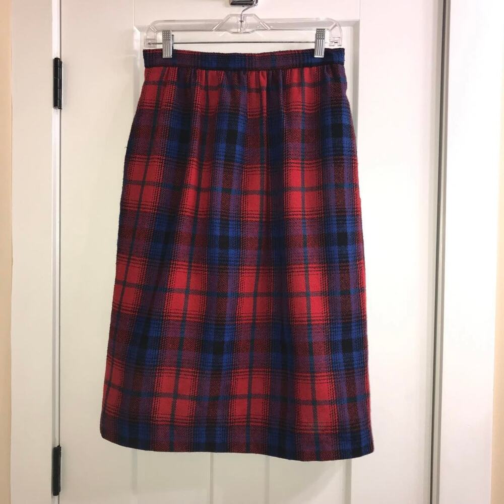 Vintage Red and Blue Plaid Wool Midi Skirt Cross Country Fashions 29" Waist